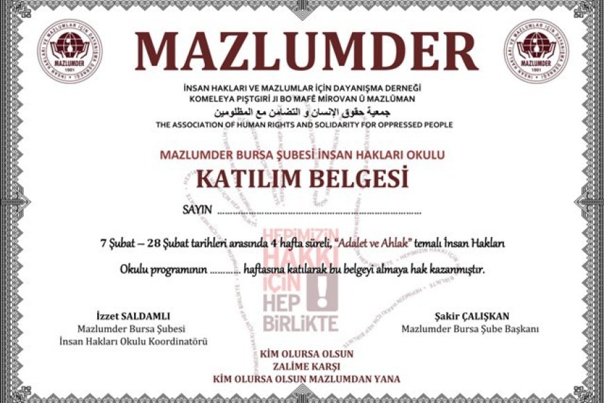 İNSAN HAKLARI OKULU SERTİFİKA PROGRAMI GERÇEKLEŞTİRİLDİ