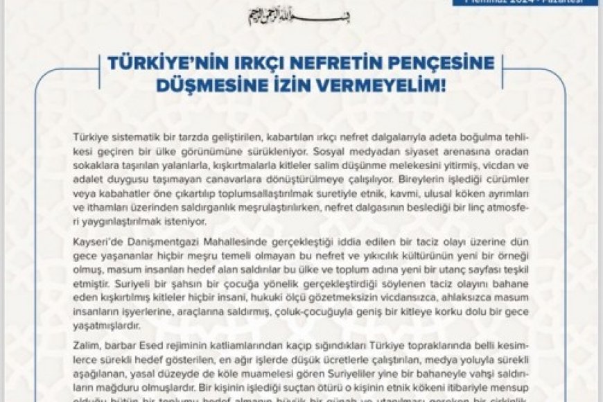 Türkiye'nin Irkçı Nefretin Pençesine Düşmesine İzin Vermeyelim!